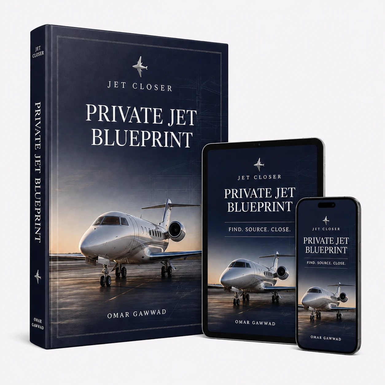 Jet Closer Private Jet Masterclass digital product cover, shown as a book, tablet and phone